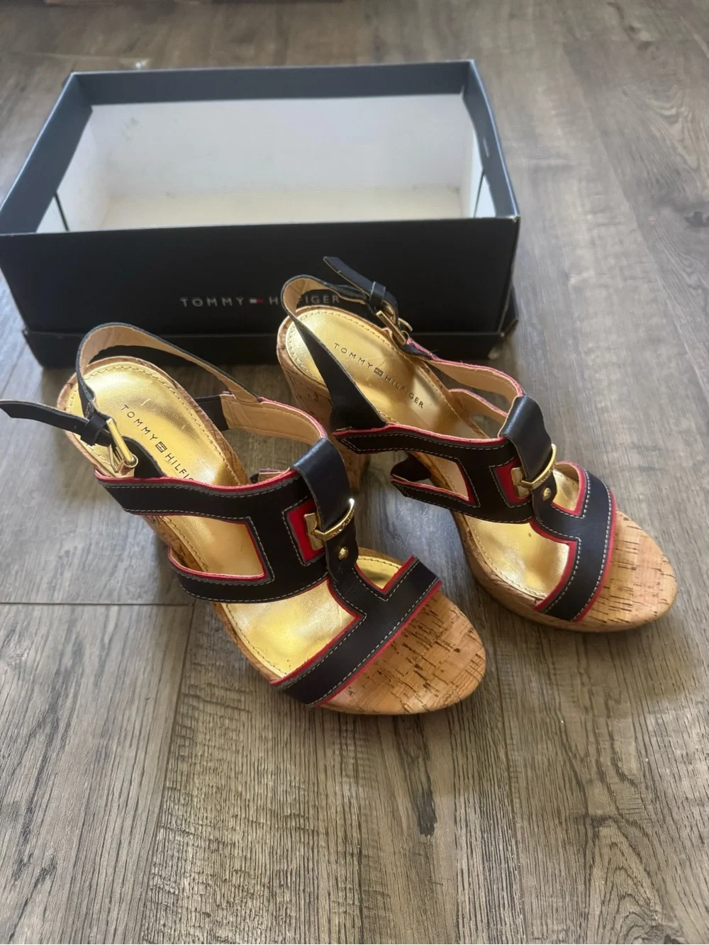 Tommy Hilfiger Black and Red Cork Wedge Sandals with Gold Hardware